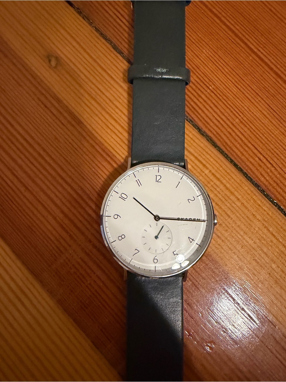Skagen Green Leather Strap Watch with White Dial